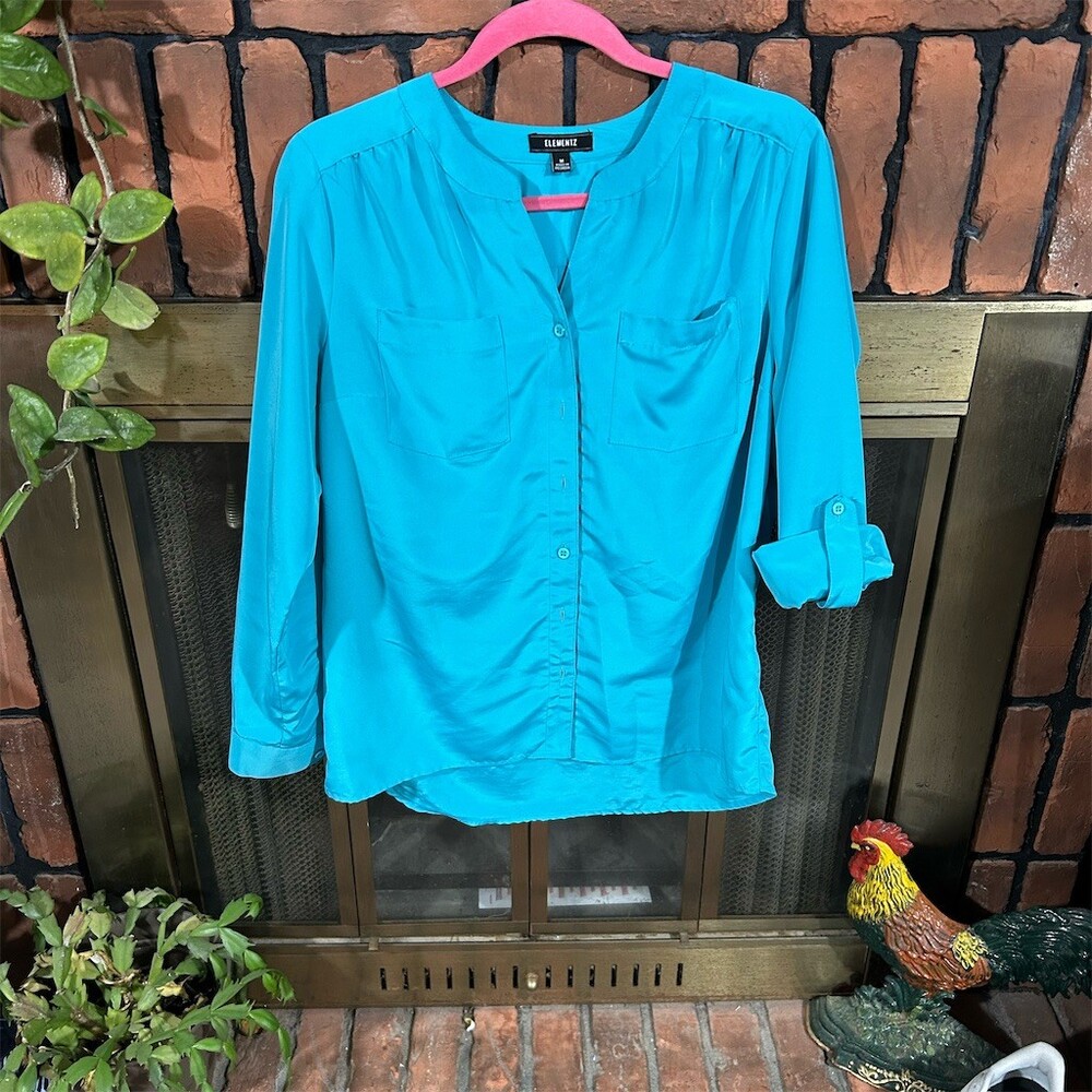 Elementz Blouse Womens M Turquoise Teal Button Front Roll-Tab Long Sleeve